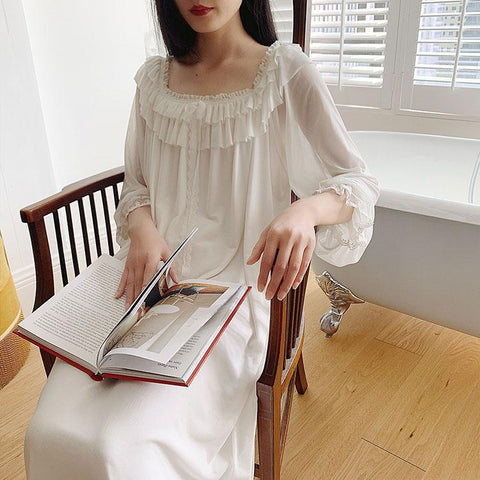 Women's Lolita Dress Mesh Princess Sleepshirts Vintage Palace Style Lace Ruffle Nightgowns.Victorian Nightdress Lounge Sleepwear