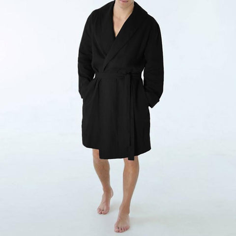 Men's cotton and linen long home robe pajamas Casual Pure Color Cotton Linen Long Bathrobe Home Nightgown Pajamas Robe #0712