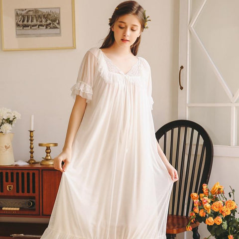 2019 Summer New Nightdress Women's White Vintage Court Beautiful Lace Nightgowns Cotton Pink Princess Female Home Sleeping Dress