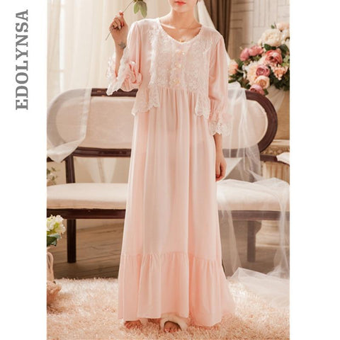 Victorian Sleep Lounge Vintage Nightgown Autumn Women Sleepwear Lace Ruffle Night Wear Home Dress Pink Cotton Lounge Wear T283