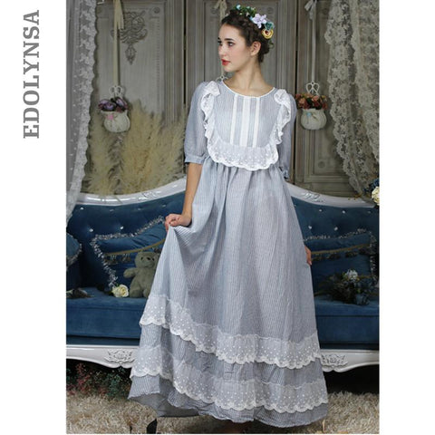 Vintage European Palace Style Nightgown Long Cotton Sleepwear Women Lace Ruffle Appliques Plaid Night Wear Victorian Dress T296