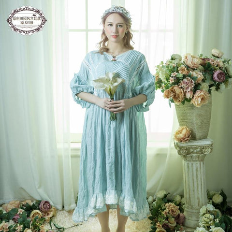Free Shipping 2017 New Princess Women's Long Nightgown Pink Blue and Green Sleepwear Vintage Nightdress Cotton Linen Pijamas
