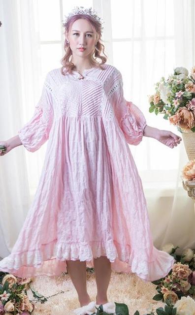 Free Shipping 2017 New Princess Women's Long Nightgown Pink Blue and Green Sleepwear Vintage Nightdress Cotton Linen Pijamas