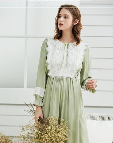 Free Shipping 2018 New Fall Women's Long Pyjamas Nice Lace Sleepwear Soft Viscose Green Nightgown Vintage loose Nightshirt