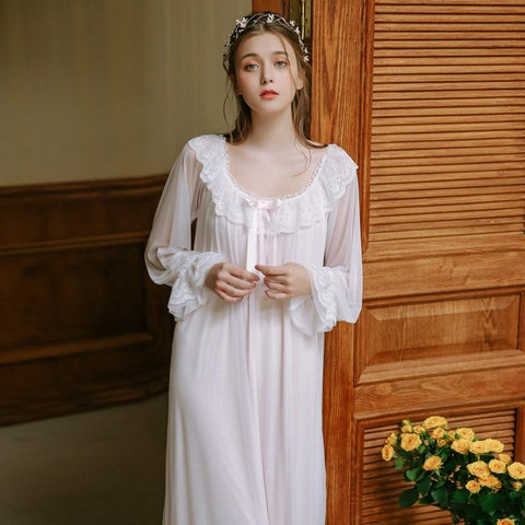 Womens White Pink Nightdress For Spring Summer Retro Lace Home Dress For Sleeping Princess Vintage Long Sleeve Palace Nightgowns