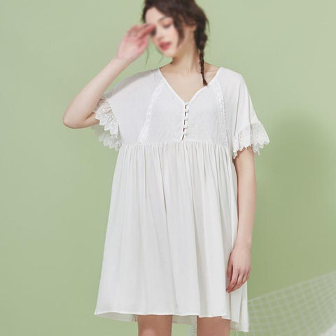 New Women Girl Cotton Princess Elegant Nightgown Nightdress Sleepwear Palace Home Vintage Casual Short Sleeve Summer Beach Dress