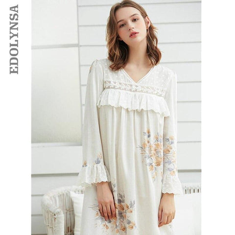 Elegant Autumn Sleepwear Women Long Cotton Nightgown Vintage Draped Flare Sleeeve White Home Wear Night Dress Sleep Shirt T372