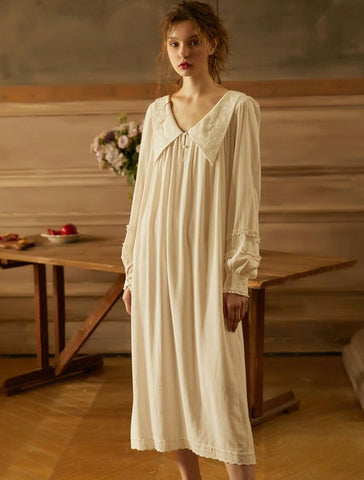 Free Shipping 2019 New Fall  Princess Style Women's Vintage Long  Nightgown White Sleepwear Lace Very Soft Embroidery Pijamas