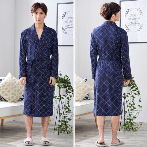 Autumn Men Cotton Robe 2019 New Kimono Bathrobe Gown Fashion Plaid Long Sleeve Sleepwear Nightgown Loose Robes Plus Size 3XL