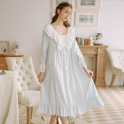 Free Shipping 2019 New Spring Princess Nightdress Cotton Pyjamas Blue and White Women's Vintage Nightgown Soft Vintage Dress