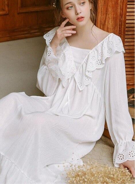 Free Shipping 2019 New Spring Princess Nightdress Cotton Pyjamas Blue and White Women's Vintage Nightgown Soft Vintage Dress