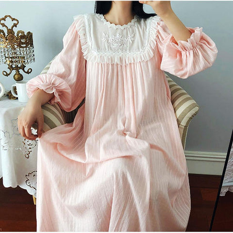 Women's Lolita Dress Pink Princess Sleepshirts Vintage Palace Style Embroidered Nightgowns.Victorian Nightdress Lounge Sleepwear
