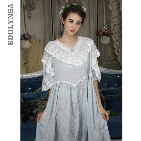 Princess Style Sleepwear Vintage Nightgown Long Cotton Nightwear Women Lace Lantern Pactchwork Night Wear Victorian Dress T300
