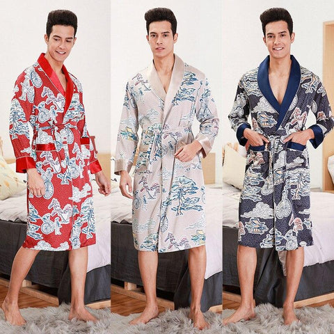 Fashion Men's Silky Robe Kimono Bath Gown Casual Spring Home Wear Male Nightgown Sleepwear Sleepshirts Pijama Mujer L-XXL