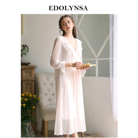Spring Sleepwear Women Clothes Home Wear Silk Robe With Lace Chemise V-Neck Ruffled Night Dress Vintage Nightgown Nightwear H798