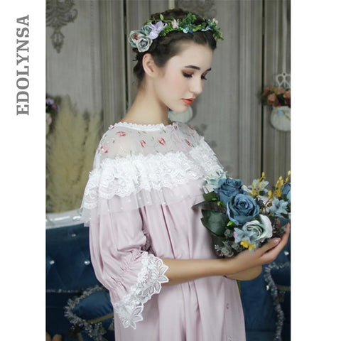 Vintage Princess Nightgown Long Cotton Lace Slash Ruffle Night Dress Plus Size Women Autumn LoungeWear Nightwear Nightshirt T306