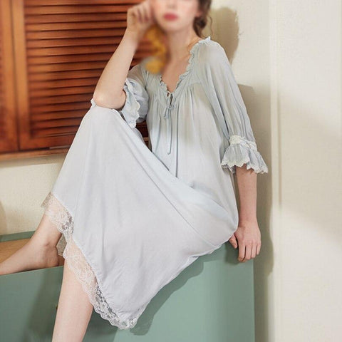 New Women Cotton Princess Elegant Nightgown Nightdress Sleepwear Palace Dress Vintage Casual Loose Half Sleeve Spring Long Dress