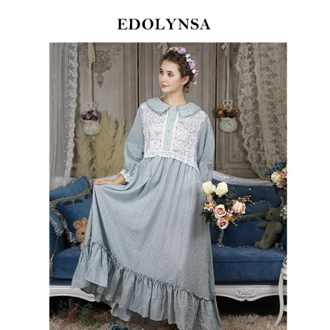 Victorian Sleepdress Vintage Nightgown Lace Decorated Plaid Ruffle Home Wear Night Dress Women Autumn Slepwear Big Size H691
