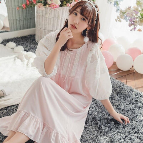 Free Shipping 2018 New Summer Princess Women's White Pink and Blue Nightgown Long Sleepwear Lace Nightdress Vintage Pijamas