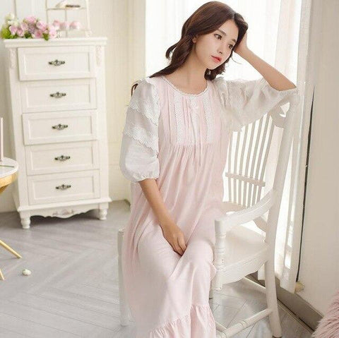 Free Shipping 2018 New Summer Princess Women's White Pink and Blue Nightgown Long Sleepwear Lace Nightdress Vintage Pijamas