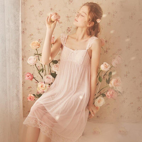 Free Shipping 2019 New Nylon and Modal Princess Women's Nightgown Short Sleepwear Pink Slip Vintage Pijamas Summer Nightdress