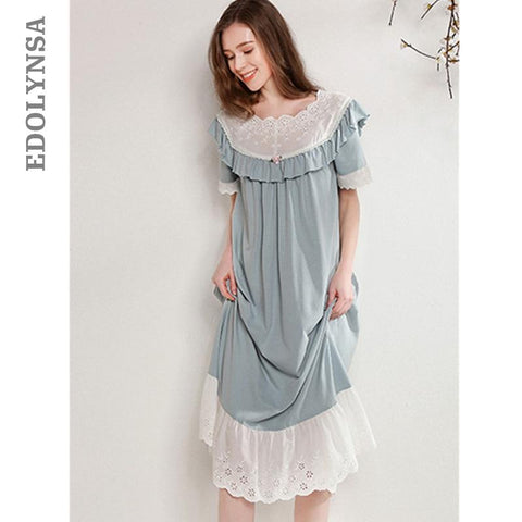 2019 Elegant Summer Sleepwear Women Nightwear Short Sleeve Nightgown Vintage Lace Ruffed Long Night Dress Ladies Nighties T459
