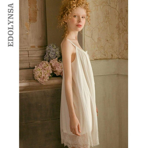 2019 Vintage Sleepwear Sexy Spaghetti Strap Open Back Women Home Wear Night Dress White Cotton Nightgown Nightwear Nighties T527