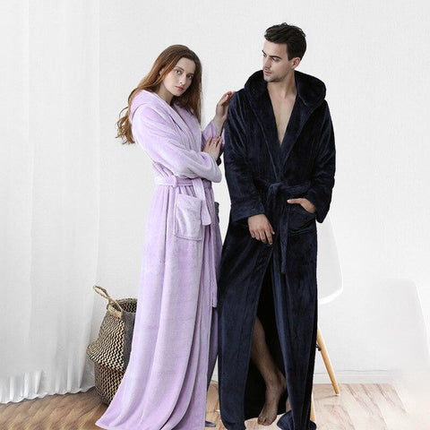 Luxurious Couple Hooded Warm Nightgown Winter New Flannel Thick Sleepwear Kimono Bathrobe Yukata Gown High Quality Sleep Shirt