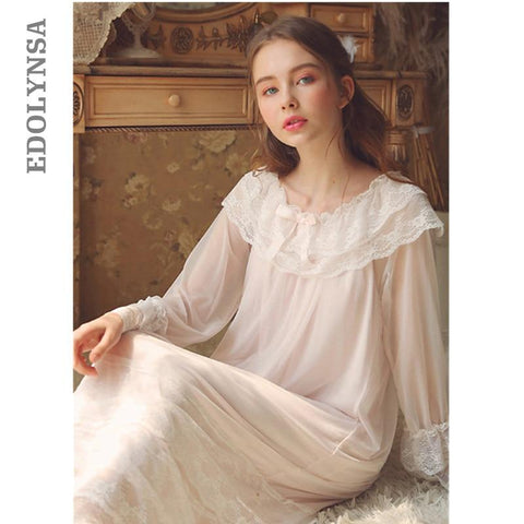 Lace Ruffled Vintage Princess Sleepwear Women Long Nightgown Autumn Nightwear Thin Soft Home Wear Sleep Shirt Night Dress T341