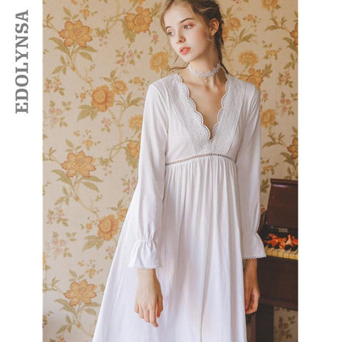 2019 Autumn Sleepwear Vintage White Cotton Nightgown Plus Size Women Home Wear Night Dress Ladies Nightwear Lingerie Nighty T538