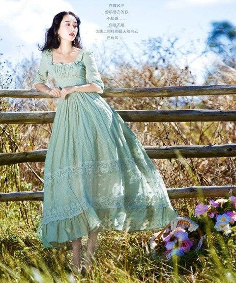 Free Shipping 2018 New Summer Princess Nightdress Long Pyjamas Green Women's Vintage Nightgowns Cotton and Lace Soft Dress