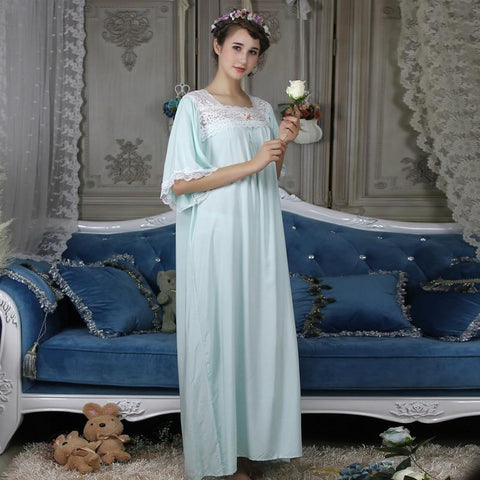 Free Shipping 2018 New Fall Women's Long Pyjamas Nice Lace Sleepwear Soft Viscose 7 Colors Nightgown Vintage loose Nightshirt