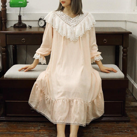 Women V neck Lolita Princess Sleepshirts Vintage Pink Sleep Dress Lace Nightgowns.Victorian Nightdress Ruffles Sleep Loungewear