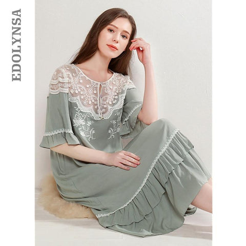 2019 Retro Lace Patchwork Summer Sleepwear Women Nightwear Home Wear Night Dress Vintage Half Sleeve Long Cotton Nightgown T457
