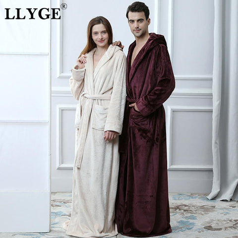 Hooded Men Extra Long Flannel Couple Robe Black Lover Homewear Nightgown Spring Woman Men's Thick Warm Sleepwear BathRobes Coat