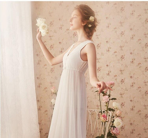 Free Shipping 2019 New Summer Princess Nightdress Lace Pyjamas White and Pink Women's Vintage Nightgown and Soft Long Dress