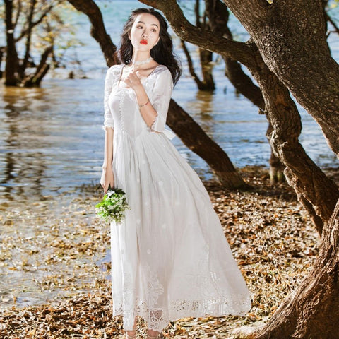 Free Shipping 2018 New Summer Princess Nightdress Long Pyjamas Beige Women's Vintage Nightgowns Cotton and Lace Soft Dress