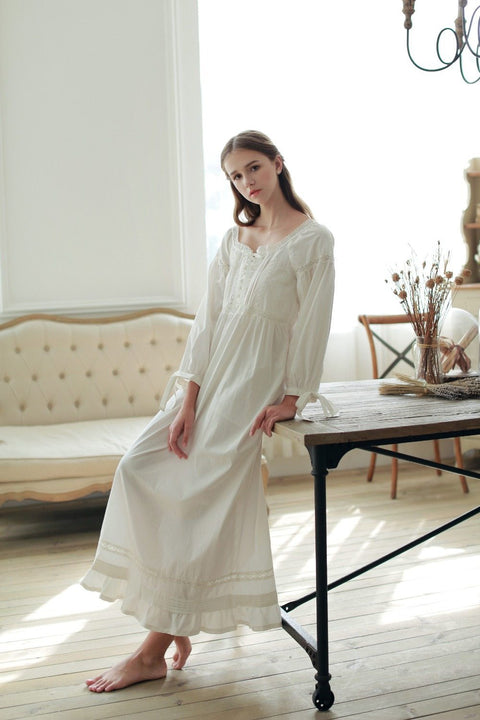 Free Shipping 100% Cotton 2016 New Spring Classic  Women's Nightgown Beige Long Sleepwear Vintage Pijamas roupao feminino