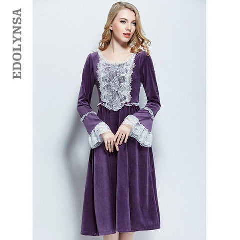 Purple Velvet Long Sleeve Nightgown Women Warm Winter Sleepwear Vintage Lace Patchwork Mid-Calf Night Dress Sleep Shirts T382