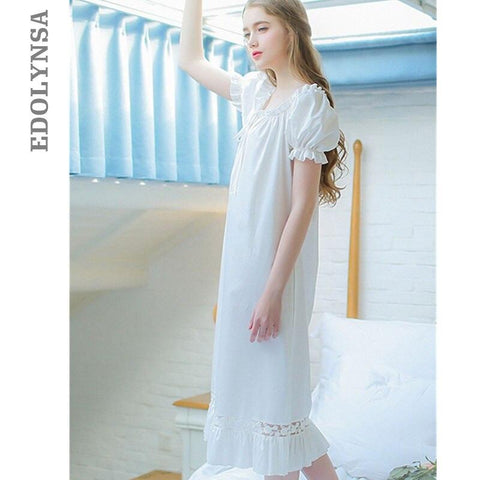 2019 Women Fashion Sleepwear Lantern Sleeve Bow Solid White Cotton Brief Style Vintage Night Dress Long Nightgown Negligee T96