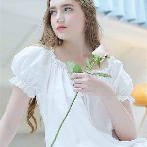 2019 Women Fashion Sleepwear Lantern Sleeve Bow Solid White Cotton Brief Style Vintage Night Dress Long Nightgown Negligee T96