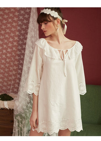 White Lolita Slash Neck  Embroidery Cotton Nightgowns For Women Nightwear Sleepwear Vintage Lingerie Sleepdress Homewear