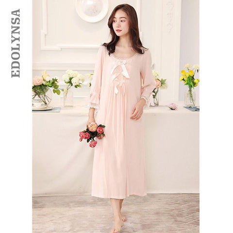 Women Autumn Sleepdress Vintage Pink Cotton Nightgown Long Lace Sleepwear Lingerie Dress Bow Flare Sleeve Indoor Clothing T69