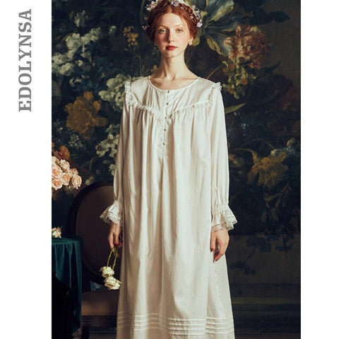 2019 Autumn Sleepwear Vintage White Cotton Nightgown Plus Size Women Home Wear Night Dress Ladies Nightwear Lingerie Nighty T550