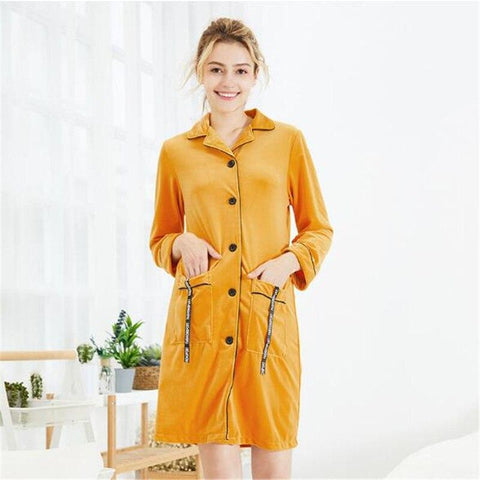Casual ladies velvet nightwear Sleepshirts Autumn winter sexy long sleeve shirt dress vintage Yellow Button short sleepwear RU