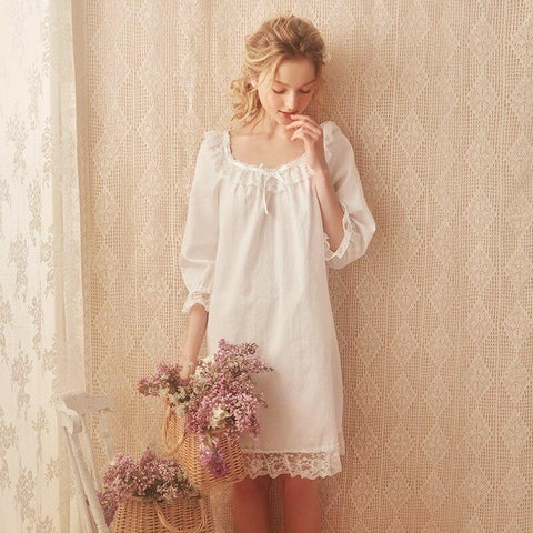 Free Shipping 2019 NEW Vintage Royal 100% Cotton Nightgowns Women's Short Pijamas Beige Sleepwear Lace pijama feminino