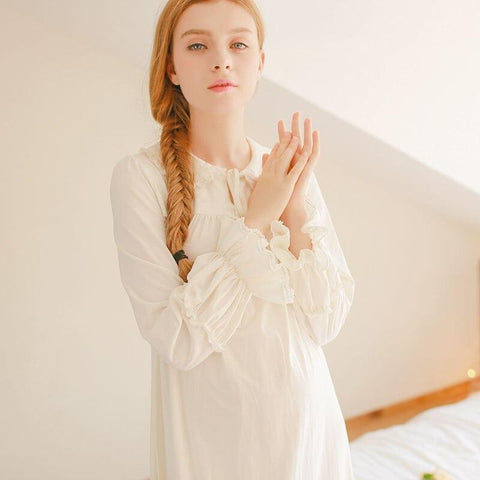 Free Shipping 2015 New Autumn Women's Long Beige and Pink Vintage Pyjamas  Home Cloth Lace Sleepwear 100% Cotton Nightgown