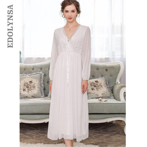 Elegant High Waist Pink Sleepwear Women Nightgowns Long Sleeve V Neck Night Wear Sleep Shirt Vintage Lace Home Dress Ladies T311