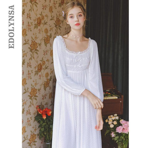 2019 Autumn Sleepwear Vintage White Cotton Nightgown Plus Size Women Home Wear Night Dress Ladies Nightwear Lingerie Nighty T536