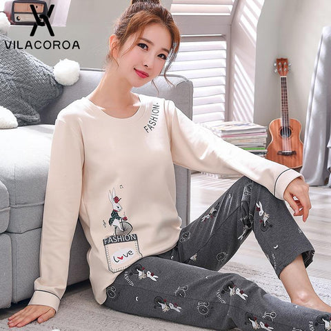 Autumn New Cotton Printing Lapel Top + Long Pant 2 Piece Sets Pajamas Set For Women Cute Sleepwear Girls Pyjama M L XL XXL XXXL